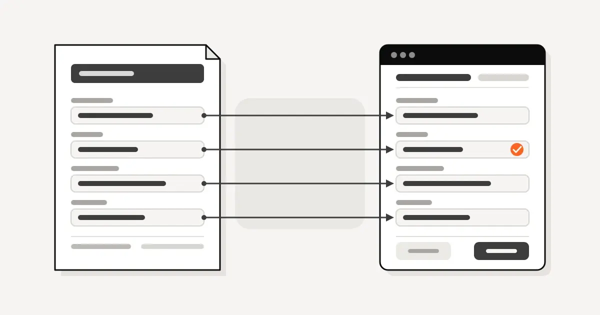 Illustration of fields moving from a paper invoice into a digital record, with one field checked
