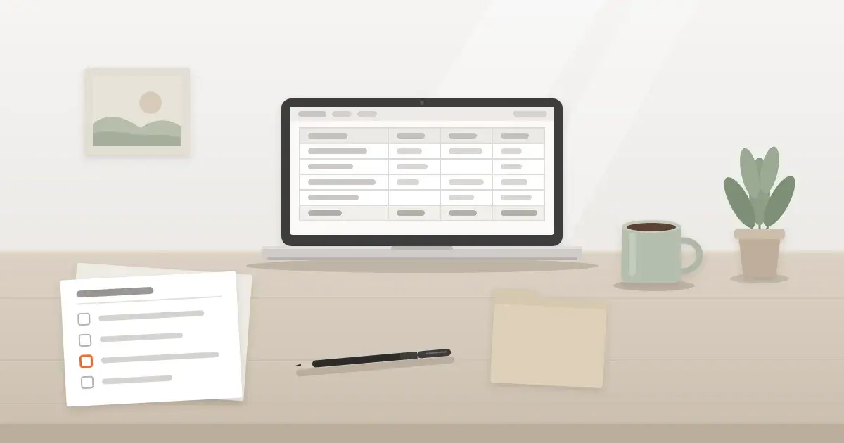 A small-office desk with a blank checklist and a laptop open to a generic form