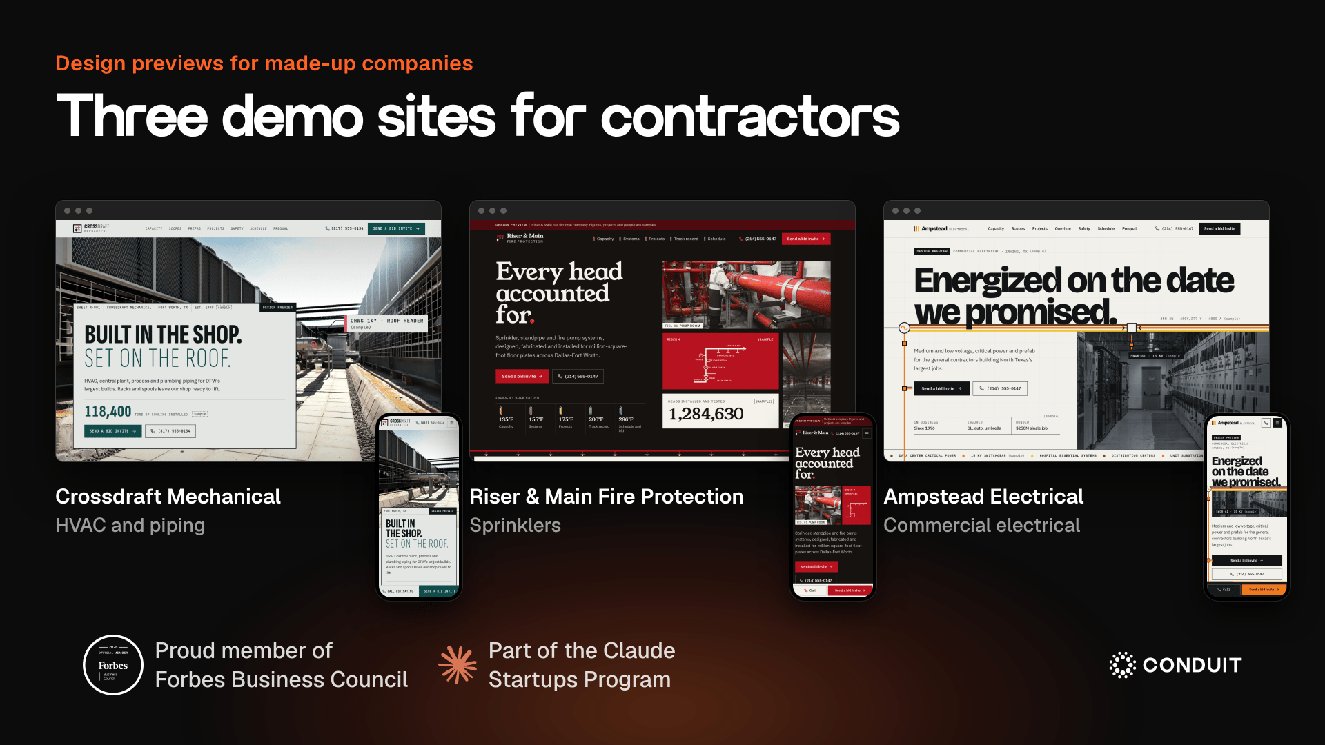 Design previews for made-up companies. Three demo sites for contractors. Dark background, orange glow, and three browser windows showing demo homepages of Crossdraft Mechanical, Riser & Main Fire Protection and Ampstead Electrical, each with a phone screen.