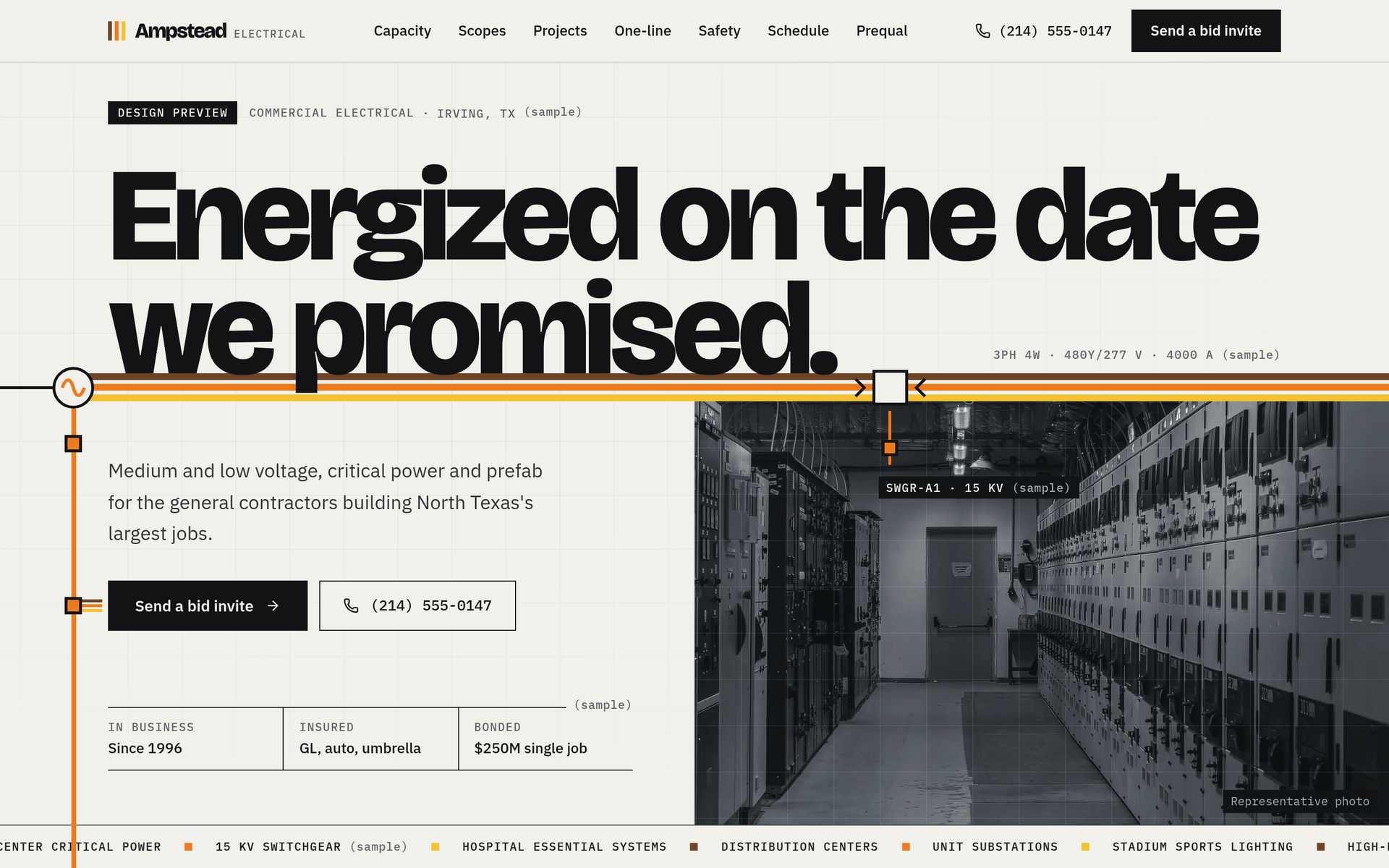Ampstead Electrical demo homepage, labeled Design preview.