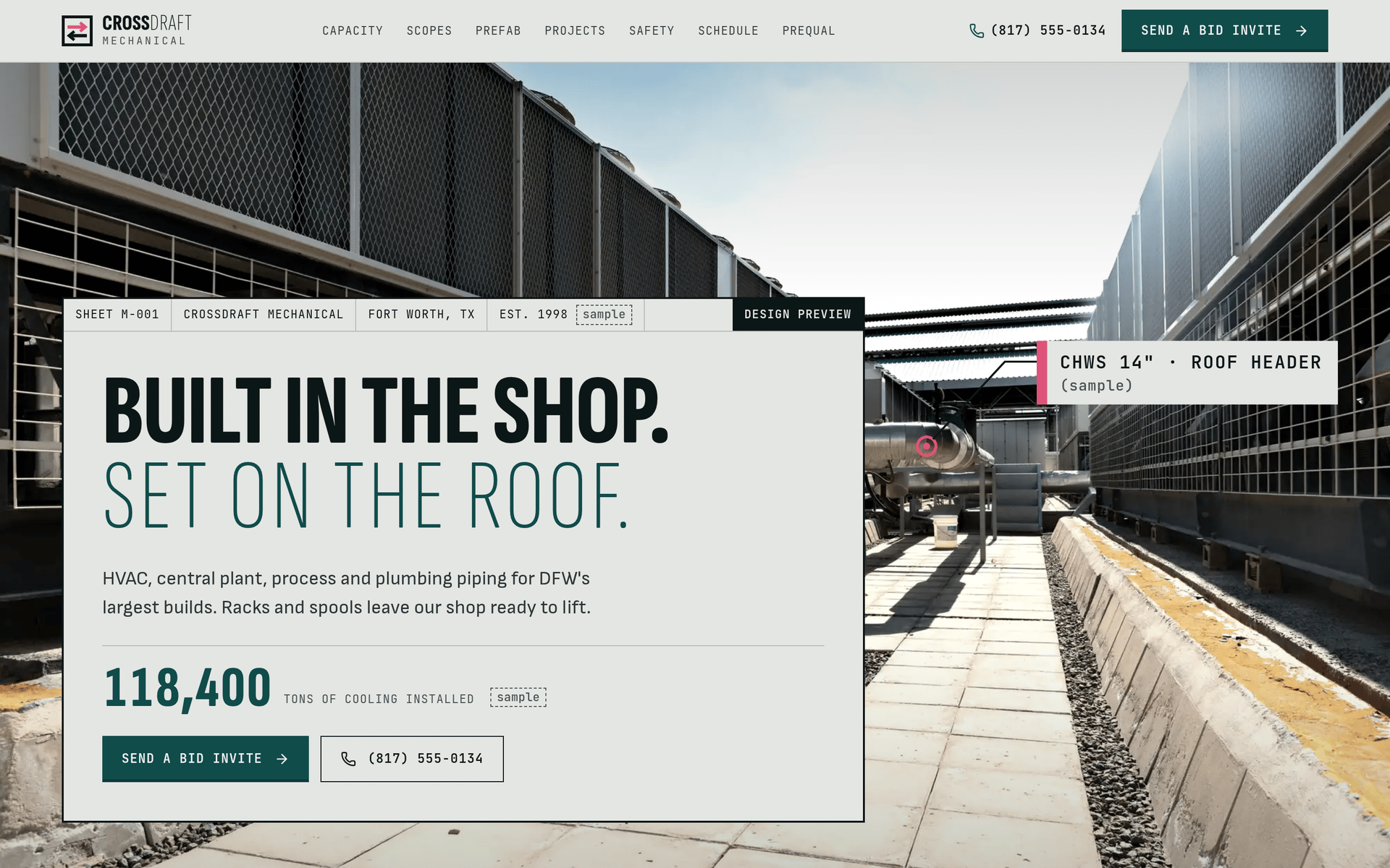 Crossdraft Mechanical demo homepage, labeled Design preview.