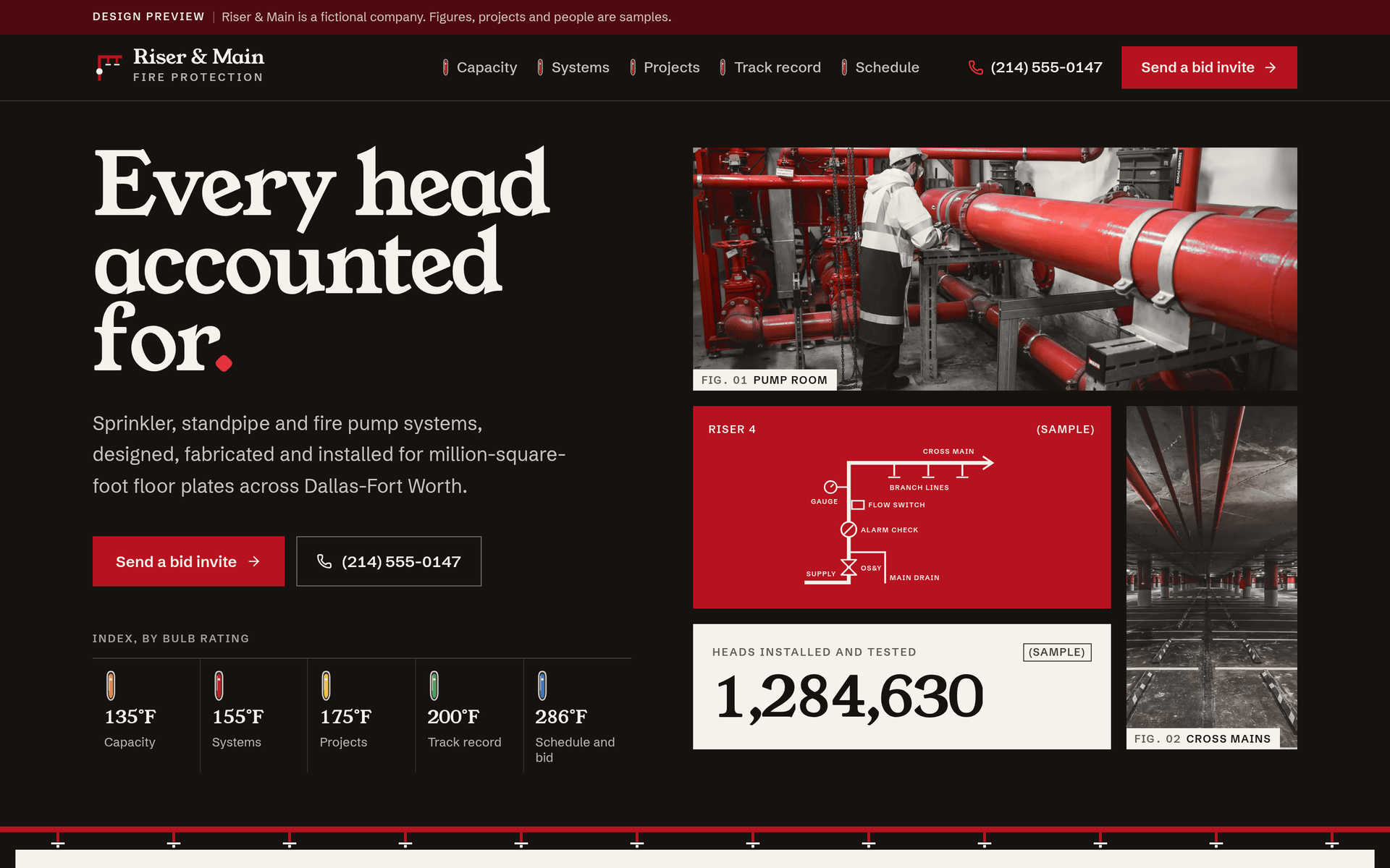 Riser & Main Fire Protection demo homepage with its fictional-company banner.