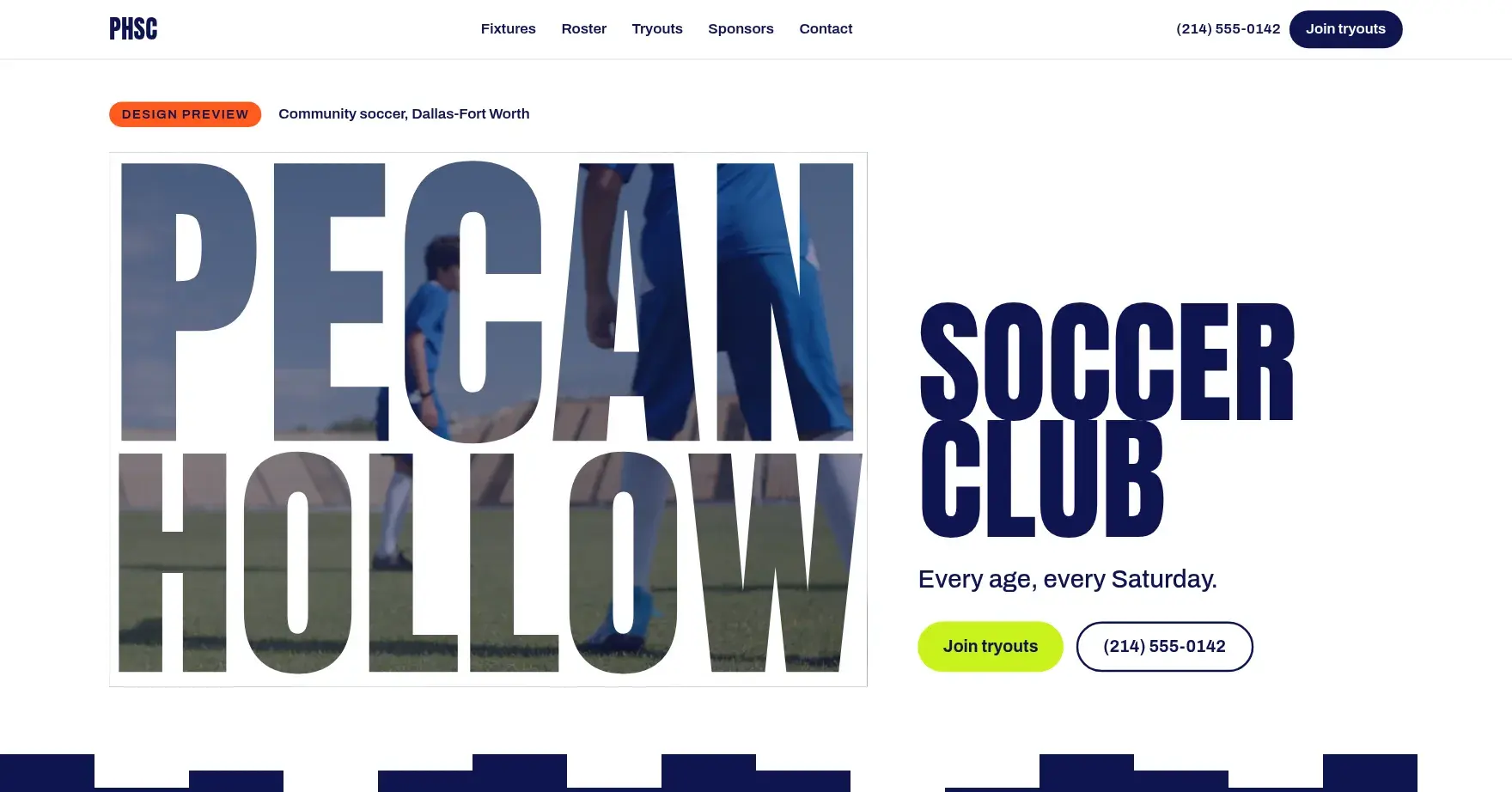 Pecan Hollow SC concept demo homepage, desktop view: the giant PECAN HOLLOW wordmark with match footage inside the letters beside SOCCER CLUB and a Join tryouts button