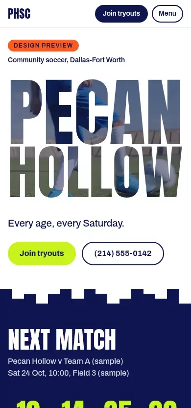 Pecan Hollow SC concept demo, phone view: the PECAN HOLLOW wordmark filled with match footage above the Join tryouts and phone buttons