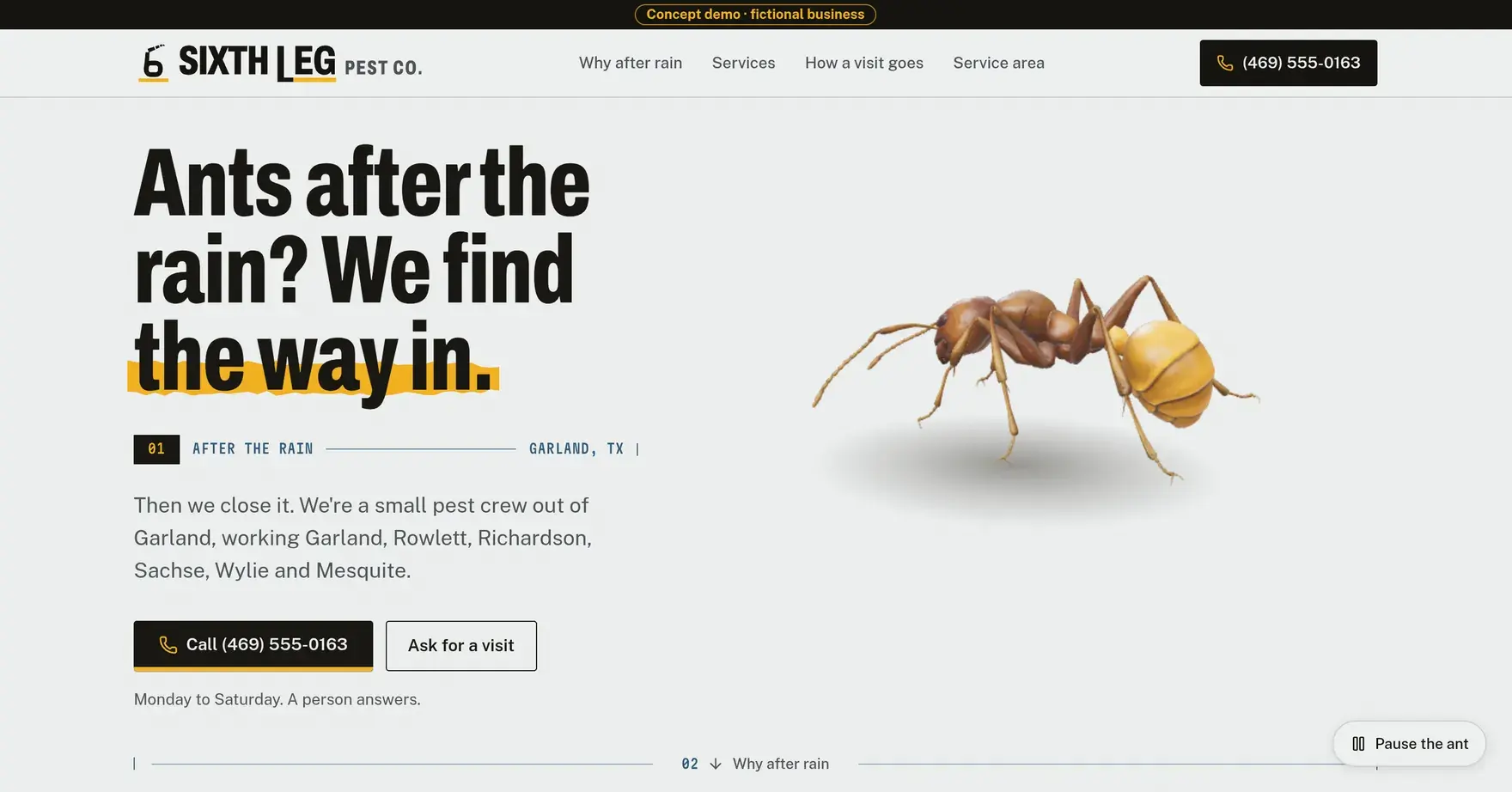 Sixth Leg Pest Co. concept demo homepage, desktop view: the headline “Ants after the rain? We find the way in.” beside a 3D ant