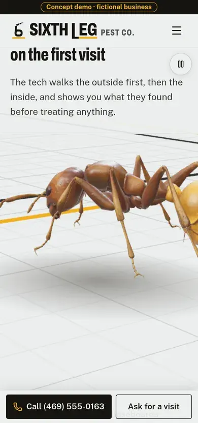 Sixth Leg Pest Co. concept demo, phone view part way down the page: a close-up of the 3D ant walking below the copy about what the tech checks on the first visit
