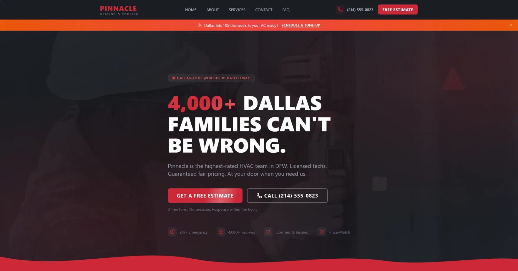 Pinnacle Heating & Cooling desktop homepage