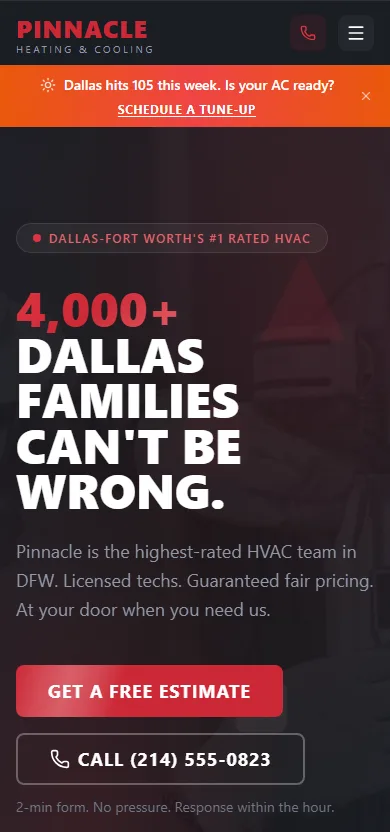 Pinnacle Heating & Cooling mobile homepage